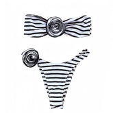 Black & White Striped Rose Bandeau Strapless 2 Piece Bikini Set